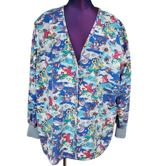 Vintage Crest Cartoon Dolphin Ocean Warm Up Scrub Top Size Large Unisex V17 - Picture 2 of 11